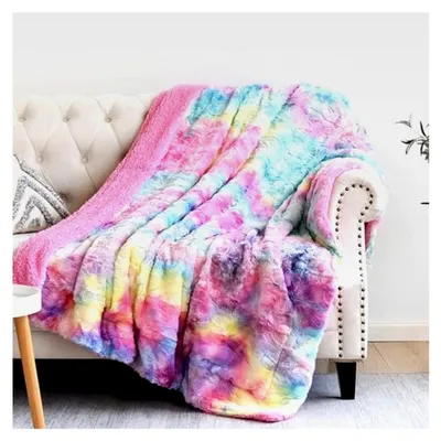 Produktbild von Flauschige Kunstfelldecke, Überwurf, Sherpa-Plüsch, warme Decke für Sofa und Bett, 101,6 x 127 cm, Dunkelregenbogenfarben