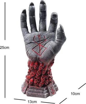 A statue of a hand with a skull base and a rune symbol on the palm, with dimensions indicated.