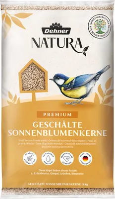 Produktbild von Dehner Natura Premium Wildvogelfutter, Sonnenblumenkerne schalenfrei, Ganzjahresfutter proteinreich / energiereich, hochwertiges Vogelfutter für Wildvögel, 5 kg