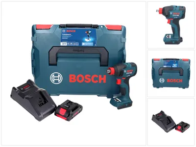 A collage of images showing a Bosch cordless impact driver kit, including the tool, batteries, charger, and storage case.
