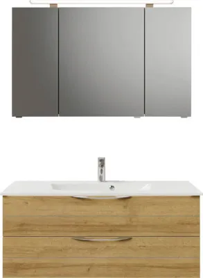 Produktbild von Pelipal Badmöbel-Set Sunline 300 BxHxT 117 x 200 x 48 cm Frontfarbe eiche riviera mit Waschtisch Mineralmarmor Griff chr