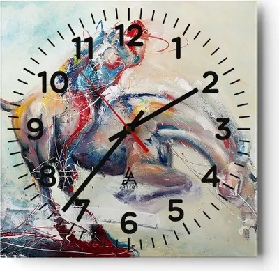 Produktbild von Wanduhr - Quadrat - Glasuhr - Pferd Abstraktion - 40x40cm - Schleichendes Uhrwerk - Lautlos - zum Aufhängen bereit - Dekoration Modern - Wanddekoration aus Glas - C4AC40x40-3446