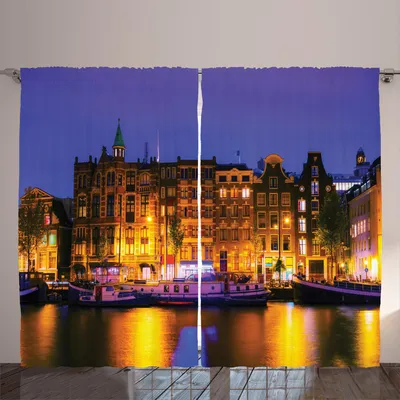 Produktbild von ARANDE Niederländisch Gardine, Stadtbild Foto von Amsterdam mit historischen Gebäuden und Kanal nachts, 280 x 260 cm, Violet Blue Mehrfarbig