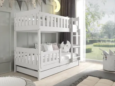Produktbild von MTJMöbel Etagenbett LILA 160x80cm mit Matratze, Kinderbett mit Schubladen, Massivholzbett, Stockbett, Weiß Holz