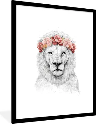 Produktbild von MuchoWow® Gerahmtes Poster Löwen - Blumen - Weiß - Tiere 60x80 cm - Poster mit Schwarzem Bilderrahmen Wandposter Rahmen Foto Bilder - Wohnzimmer - Dekorationen - Prämie