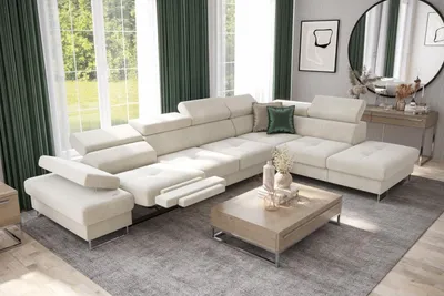 Produktbild von Ecksofa GALAXY RELAX mit Schlaffunktion, Bettkasten Relaxfunktion, verstellbaren Kopfstützen & Armlehne, Stoff Terra 06, Creme - Rechts