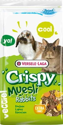 A bag of rabbit food with images of rabbits and text describing the product.