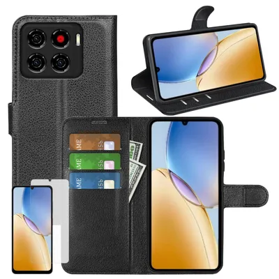 Obrázek produktu pro Pro ZTE Blade A56 Leatherette Book Wallet Pouzdro na mobilní telefon Black + 9H tvrzené sklo