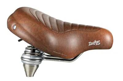 A brown bicycle saddle with silver springs, shown against a white background.