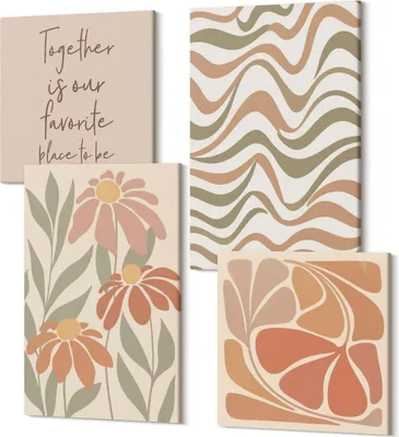 Produktbild von Leinwandbild Set 4-teilig – Modernes Wandbild – Polycanvas Kunstdruck – Abstrakte Bilder – Hochwertige Wandkunst – 2x 40x40 cm + 2x 40x60 cm – Pastellfarbene Blumen und abstrakte Muster