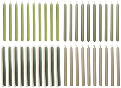 Produktbild von Cactula Bunte Weihnachtsbaumkerzen, 40er-Set – 10 x 17 cm schmale Stabkerzen – Leinen, Eukalyptus, Blattgrün, Waldgrün, Flora-Grün – Premium