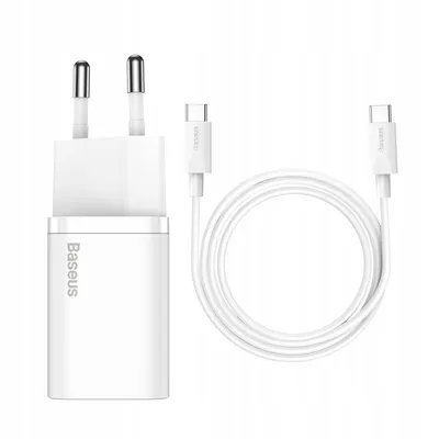 A white USB-C charger and cable set on a white background.