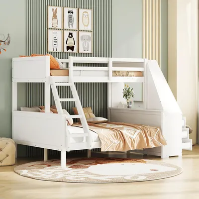 A white bunk bed with a slide and stairs in a child's bedroom.