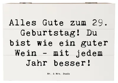 Produktbild von Mr. & Mrs. Panda Kiste Spruch 29. Geburtstag Glückwünsche 22 x 15 cm - Weiß - Geschenk, persönliche Geschenke, Geburtstagsgeschenk, schatztruhe, Geburtstagsspruch