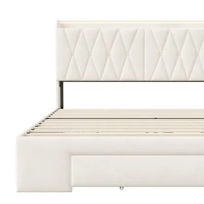 Immagine prodotto di CDGlobal letto imbottito 140x200cm con USB e prese, letto per ragazzi letto matrimoniale con 3 cassetti, letto contenitore letto in legno massiccio con LED/tipo C e rete a doghe, lino, beige