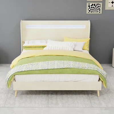 Productafbeelding van Zerbaco gestoffeerd bed, tweepersoonsbed, 140x200 cm, beige, met LED-verlichting, zonder bedlade, zonder matras, met lattenbodem