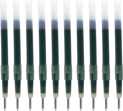 A row of ten blue ink pen refills on a white background.