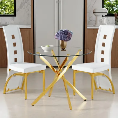 Image de Ensemble table-chaises, table ronde en verre de 88 cm + 2 chaises de salle à manger blanches, pieds dorés, style luxueux