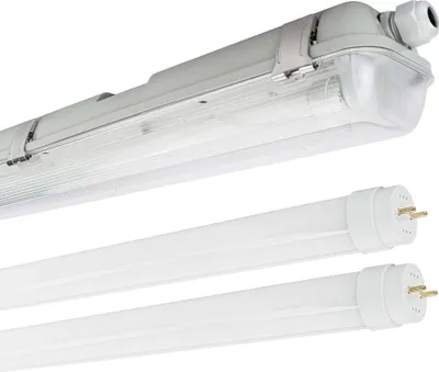 A product shot of a light fixture and two LED tubes against a white background.