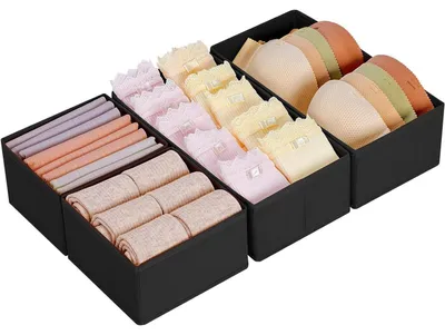 Immagine prodotto di Organizzatori per cassetti, 4 pezzi, pieghevoli, in tessuto nero, per biancheria intima, calze, cravatte, armadio. Dimensioni: 30x15x9 cm e 15x15x9 cm