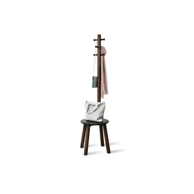 Immagine prodotto di Umbra Garderobenständer Pillar mit Hocker, Standgarderobe, Sitzhocker, Gummibaumholz, MDF, Schwarz, Walnuss, 50 x 167 cm, 1014257-048