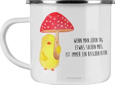Produktbild von Mr. & Mrs. Panda Haferl Küken Fliegenpilz - Weiß - Geschenk, Teebecher, Ostern, Pott, Frohe, Ostergrüße, Emaille Tasse, Teetasse, wandertasse, Becher, Glückspilz