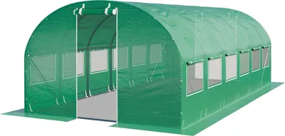 A green greenhouse with an open door and windows.