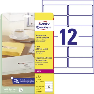 Produktbild von Avery Zweckform L4772-25 Adress-Etiketten, A4, 99,1 x 42,3 mm, 25 Bogen/300 Etiketten, transparent