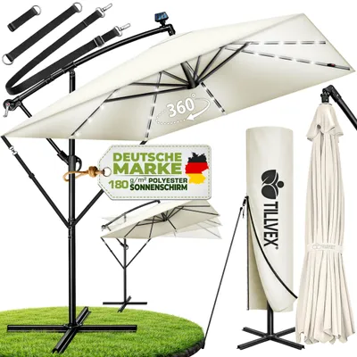 Produktbild von tillvex® Alu Sonnenschirm Rechteckig Ø 330 cm mit LED Solar Beige + Abdeckung mit Kurbel | Ampelschirm mit Ständer & Windschutz | Gartenschirm UV-Schutz, wasserdicht, 360° drehbar | Kurbelschirm Marktschirm