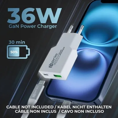 Produktbild von prio 36W GaN-Netzteil PD PPS (USB-C) + QC 3.0 (USB-A) weiß