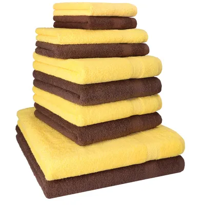 Zdjęcie produktu dla Betz 10-częściowy zestaw ręczników PREMIUM CLASSIC 2 ręczniki prysznicowe 4 ręczniki do rąk 2 ręczniki dla gości 2 mydelniczki Kolor: żółty i orzechowy brąz