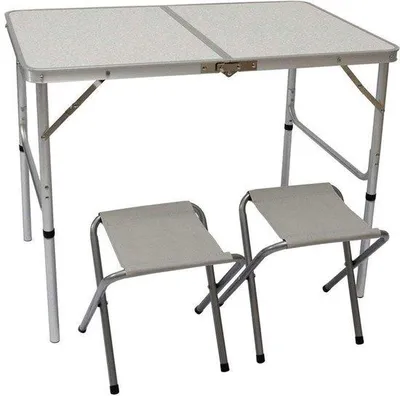 Produktbild von Ibenzoa® Aluminium-Falttisch-Set mit 2 Hockern, höhenverstellbar 40–70 cm, MDF-Platte, klappbar 60×46×6 cm, 3,9 kg, Tragkraft 30 kg, für 2–4 Personen