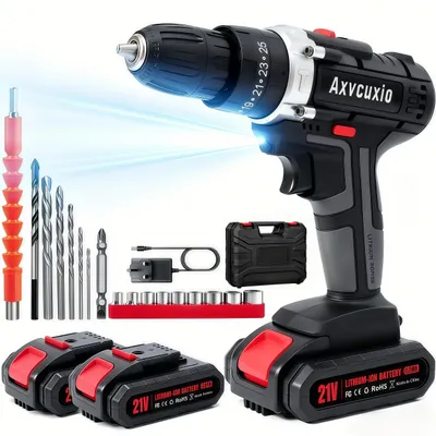 Produktbild von 3-in-1 Akku schrauber,21V Akku Bohrschrauber Set,Schlagbohrmaschinen mit LED,45Nm Max,Schrauber mit 2x1500mAh Akkus,Koffer und viel Zubehör,Schwarz