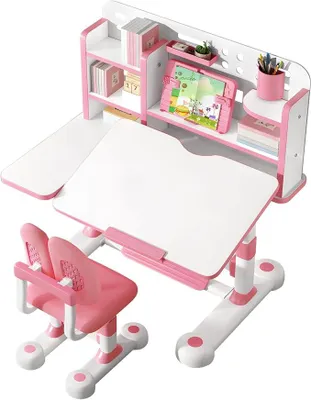 Imagen del producto de Escritorio y silla ajustables en altura para niños, mesa de estudio infantil con superficie inclinable (0-50°), estantería y cajón de almacenamiento, ideal para dormitorios, aulas, color rosa