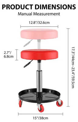 Zdjęcie produktu dla Regulowany taboret dla mechanika - taboret warsztatowy na kółkach - udźwig 136 kg - obrotowe siedzisko (360°) - półka na narzędzia - wysokość 44–60 cm - kolor: czerwony/czarny