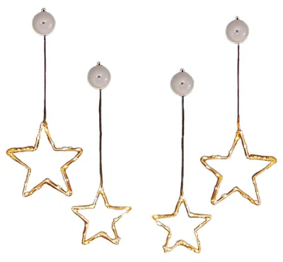 Image de Étoiles Lumineuses de Noël LED Décoration de Fenêtre Lot de 4 Blanc Chaud Métal avec Minuterie et Ventouses à Piles