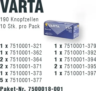 Produktbild von Varta Aktionspaket mit Knopfzellen im Display, 321er - 397er