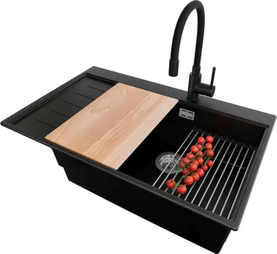 Produktbild von PRIMAGRAN Granitspüle Schwarz 78x50cm, Spülbecken 1 Becken + Küchenarmatur 40x38cm + Ablauf-Set + Küchenzubehörset, Küchenspüle ab 60er Unterschrank - Sydney