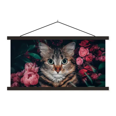 Produktbild von MuchoWow® Textilposter Katze - Blumen - Tiere - Botanisch 120x60 cm mit schwarzem Rahmen - Dekoration Schlafzimmer