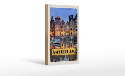 Produktbild von Holzschild Reise 12x18 cm Amsterdam bei Nacht Reiseziel Dekoration
