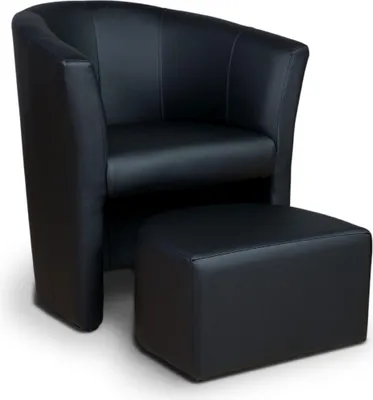 A black leather armchair and ottoman set on a white background.