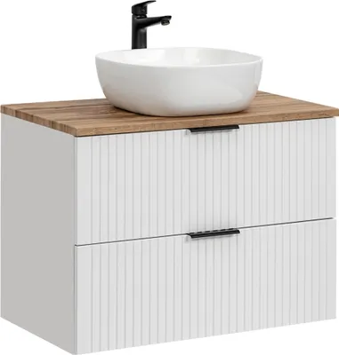 Produktbild von Badmöbel Waschtisch Unterschrank Set 80 cm matt weiß mit Wotaneiche, 2 Softclose Schubkästen, 42 cm Keramik-Waschbecken, B/H/T 80,6/74,2/46,5 cm