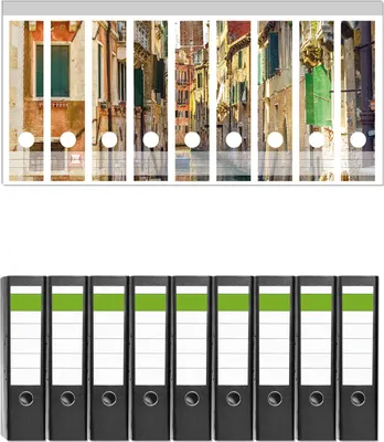 Produktbild von Wallario 9 Stück breite Ordner inkl. Klebeetiketten mit Motive Urlaub in Venedig  Kanal zwischen bunten Häusern -  Set mit Rückenschildern / Ordnerrücken Stickern