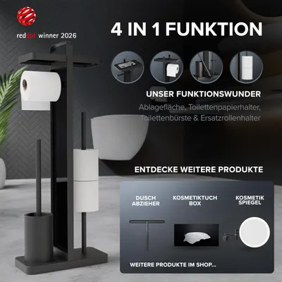 Immagine prodotto di Set completo per WC 4-in-1, nero, in acciaio inossidabile, con portaspazzolino, porta rotolo e ripiano, ideale per il bagno