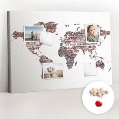 Immagine prodotto di Lavagna in sughero con puntine - Pannello con puntine per foto e appunti - 100x70 cm - Spille di legno, 100 pezzi - Mappa del mondo in stile "mattoni"