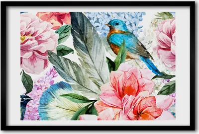 Produktbild von Bild 60x40 MDF-Rahmen, Wandkunst Blumen und Vögel