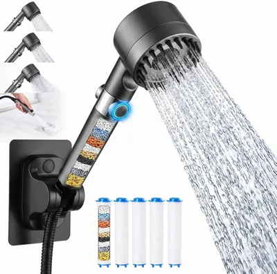 Produktbild von Handbrause mit Filter, Hochdruck Duschkopf mit Schlauch, 4 Strahlarten, Stoppfunktion, für hartes Wasser