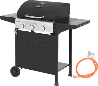 Produktbild von Royal Gourmet Gasgrill Grillwagen 3 Brenner 9 kW Camping Gaskocher mit Kochplatte, Gartengrill mit Flaschenöffner, Druckminderer und Gasschlauch Grillrost ca. 60 x 42 cm Schwarz