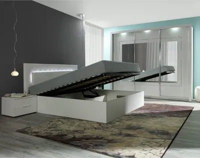 Produktbild von Schlafzimmer Set 4-teilig in weiß Hochglanz PALINURO-166 mit 180cm Bett mit aufklappbarem Lattenrost und 258cm Kleiderschrank