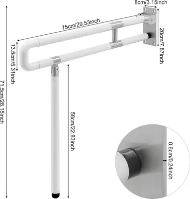 Produktbild von Toilettensicherheitsgriff - Klappbarer Haltegriff - 75 cm Länge - 300 kg Belastbarkeit - Edelstahl - Höhenverstellbar - Weiß - Für Bad und WC